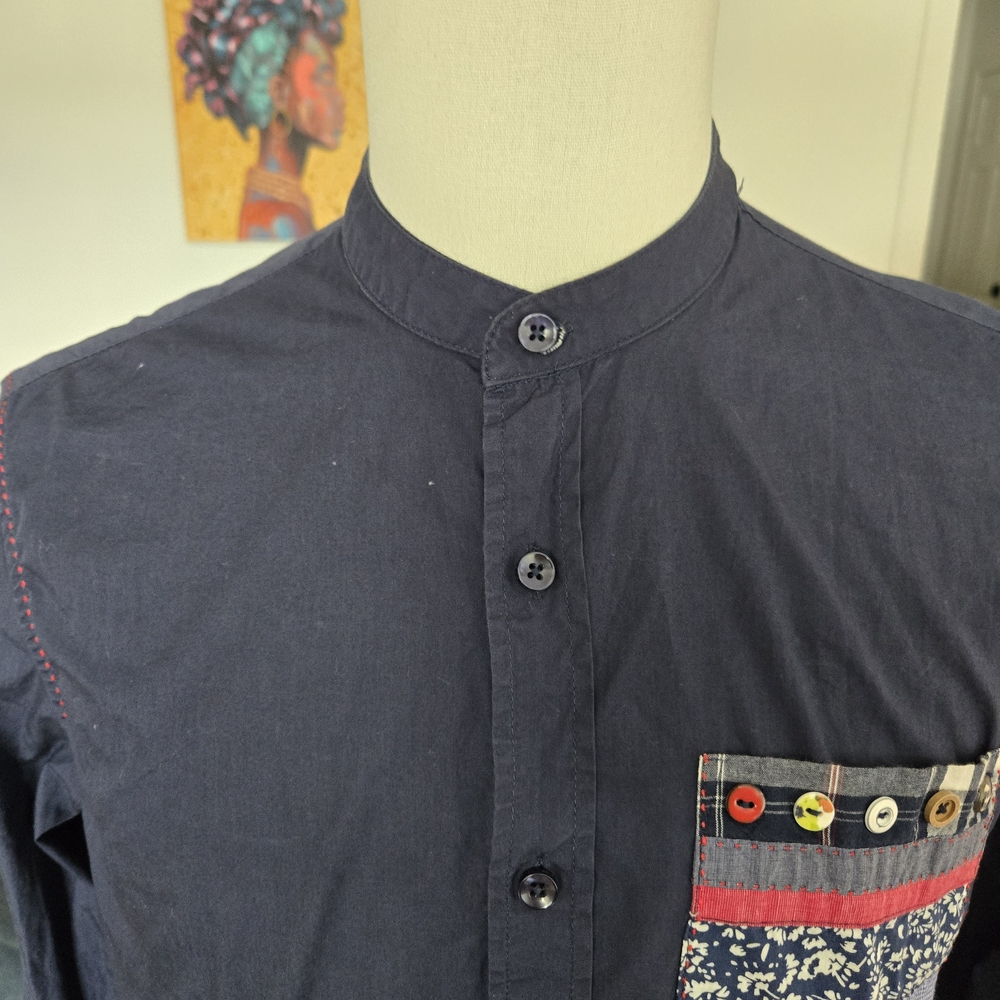 Desigual Men’s Shirt Medium Blue Button-Up Mandarin Collar Patch Pocket LS Mens - Picture 3 of 11
